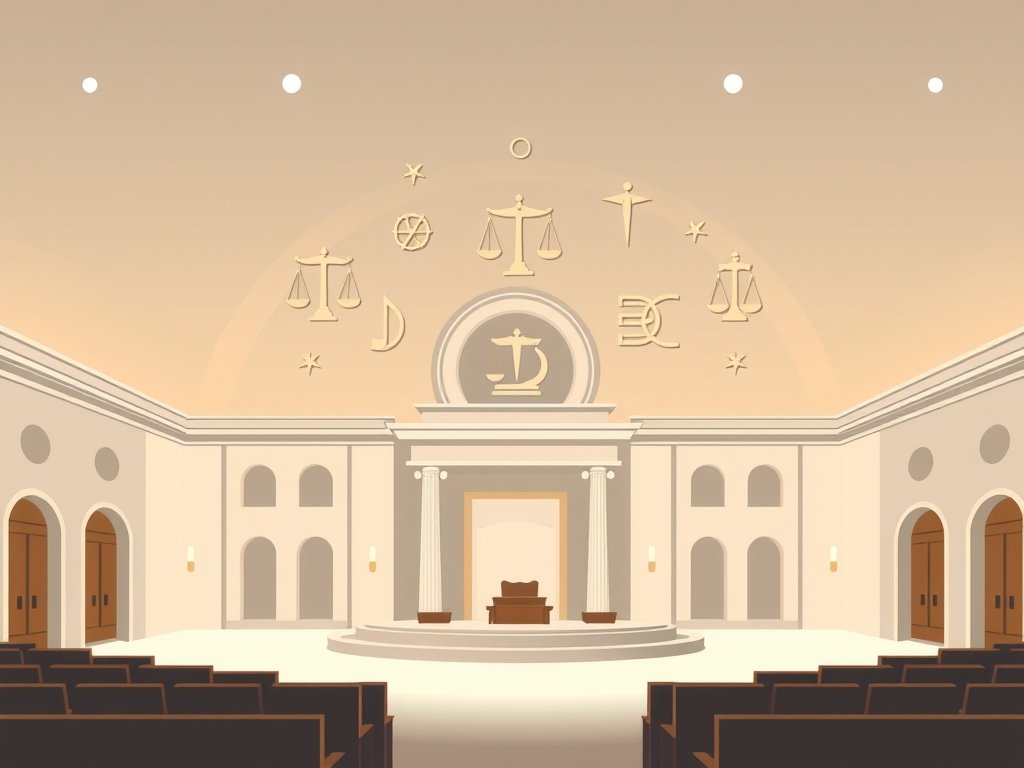 Een rechtszaal in Dubai met elegante architectuur en minimalistische juridische symbolen, in een zacht grijs en woestijn goud-beige kleurenpalet.