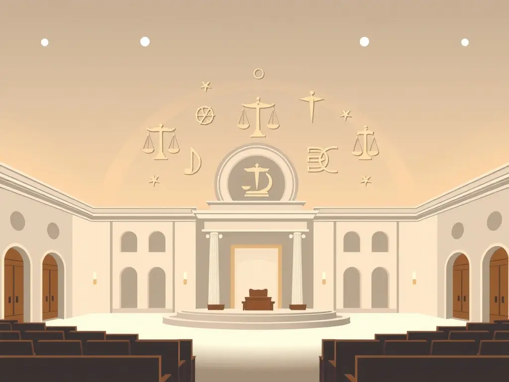 Een rechtszaal in Dubai met elegante architectuur en minimalistische juridische symbolen, in een zacht grijs en woestijn goud-beige kleurenpalet.