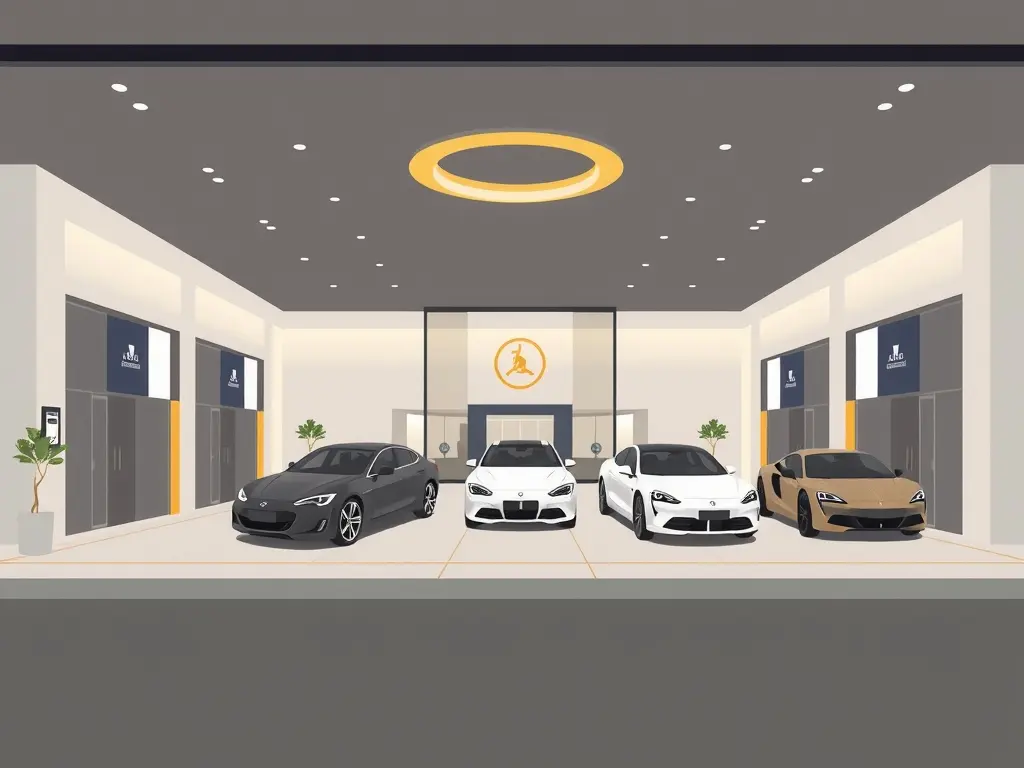 Luxueuze showroom voor auto-import in Dubai met elegante auto’s en verfijnde architectuur in minimalistische stijl.