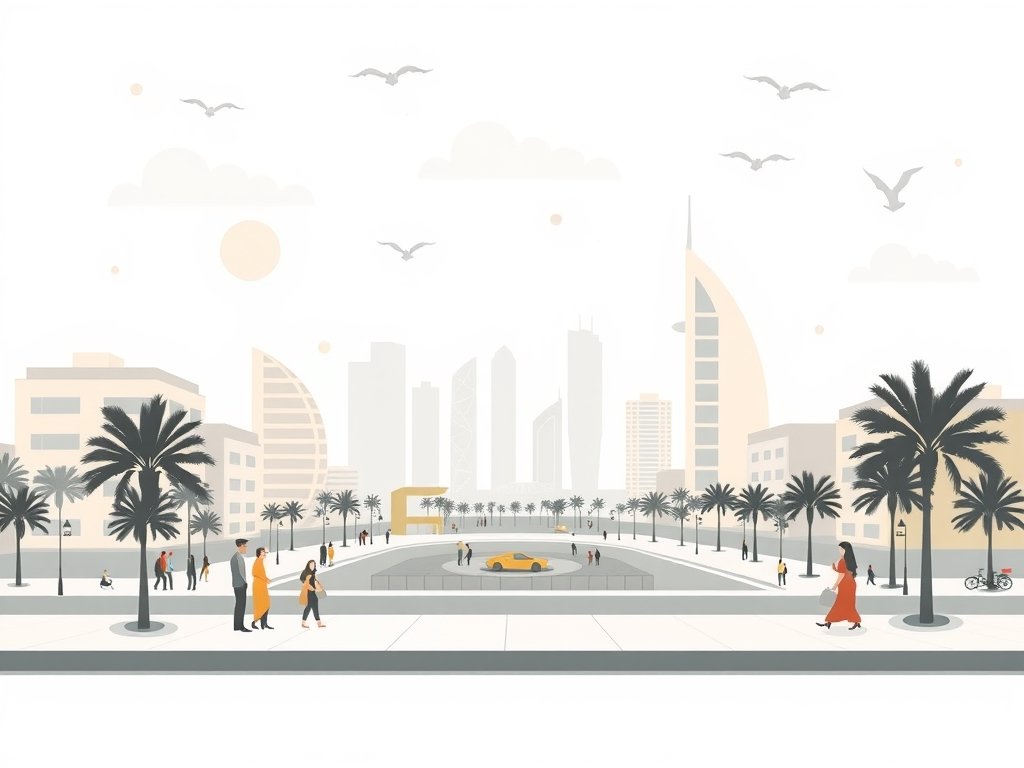 Minimalistische illustratie van een serene Dubai-landschap met mensen die genieten van een veilige en levendige buitenomgeving.