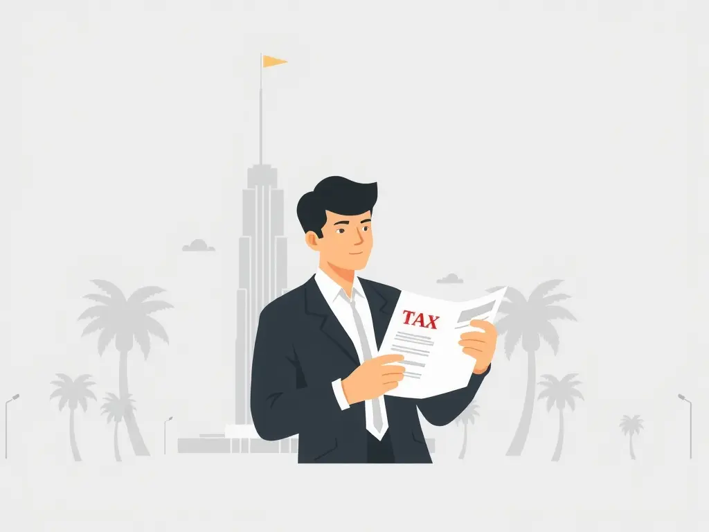 Een minimalistische illustratie van een persoon die belastingdocumenten beoordeelt, met op de achtergrond gestileerde wolkenkrabbers en palmbomen uit Dubai.
