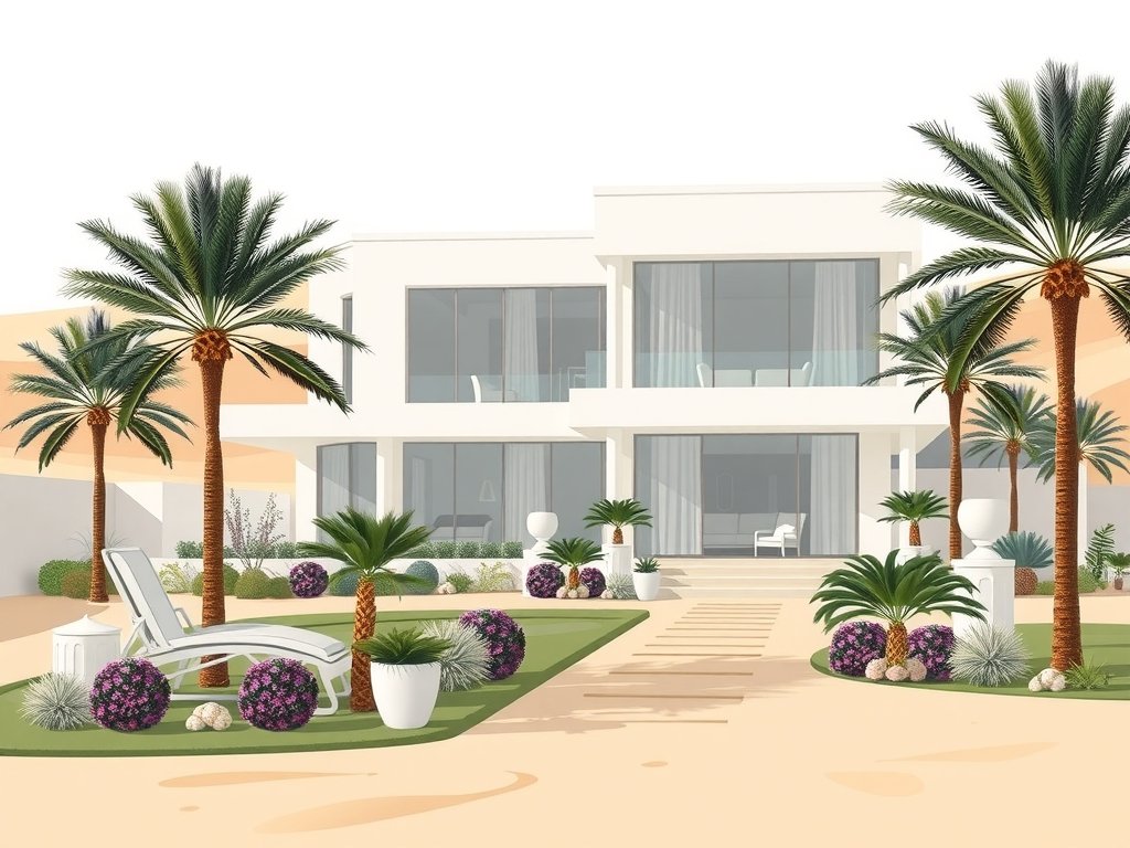 Een moderne villa in Dubai met grote ramen en een minimalistische tuin, omringd door een woestijnlandschap.