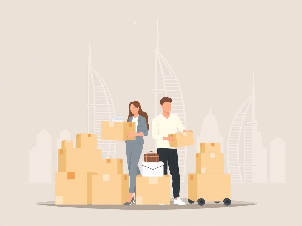 Een stel pakt hun spullen in dozen met iconische architectuur van Dubai op de achtergrond in een elegante, minimalistische stijl.