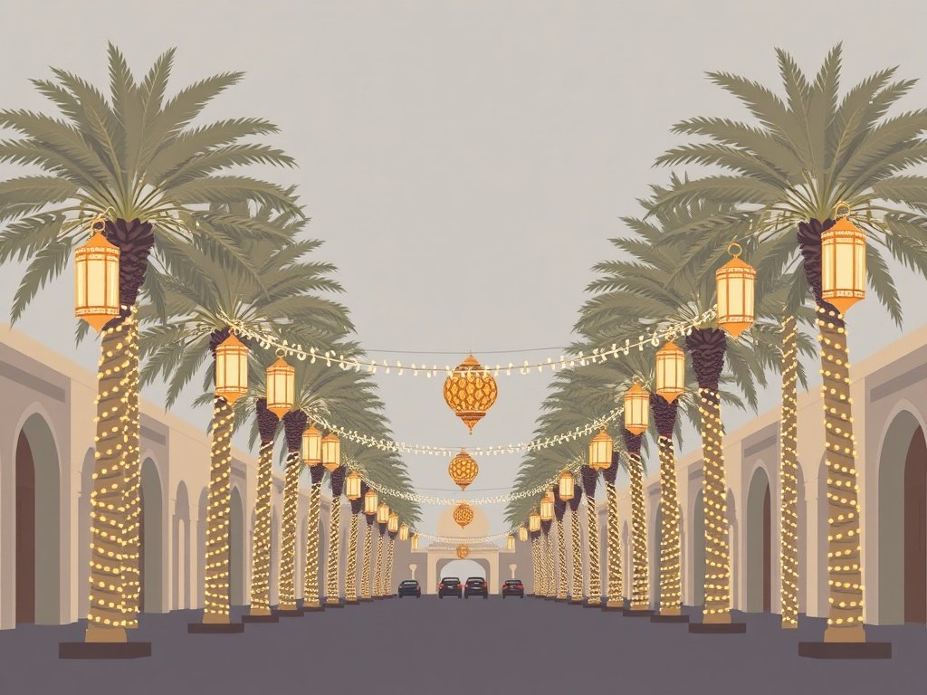 Minimalistische vectorillustratie van feestelijke versieringen in een Dubai-straat tijdens de feestdagen, met palm bomen en elegante lantaarns in zachte grijstinten en goud-beige accenten.
