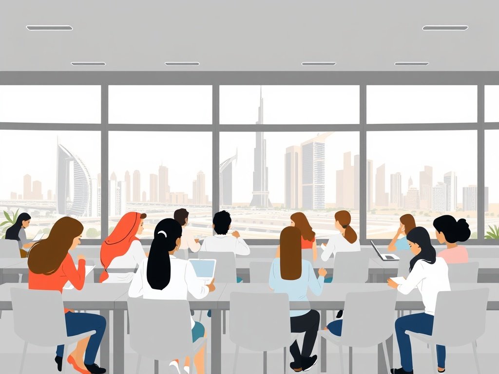 Diverse studenten leren samen in een moderne klaslokaal met uitzicht op de skyline van Dubai, in een minimalistische, elegante stijl.