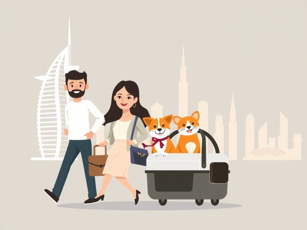 Een gelukkige familie met een hond en een kat in een trendy vervoersdrager, reizend in de richting van de eenvoudige skyline van Dubai.