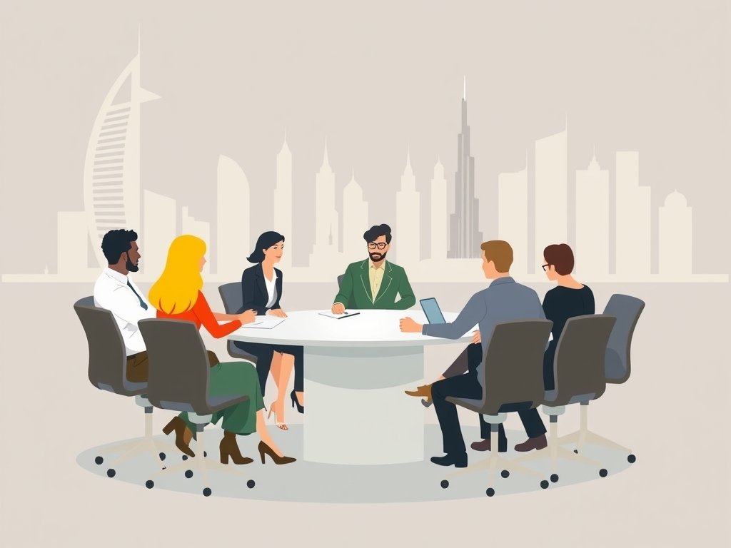 Een diverse groep professionals werkt samen rond een modern conferentietafel met de iconische skyline van Dubai op de achtergrond.