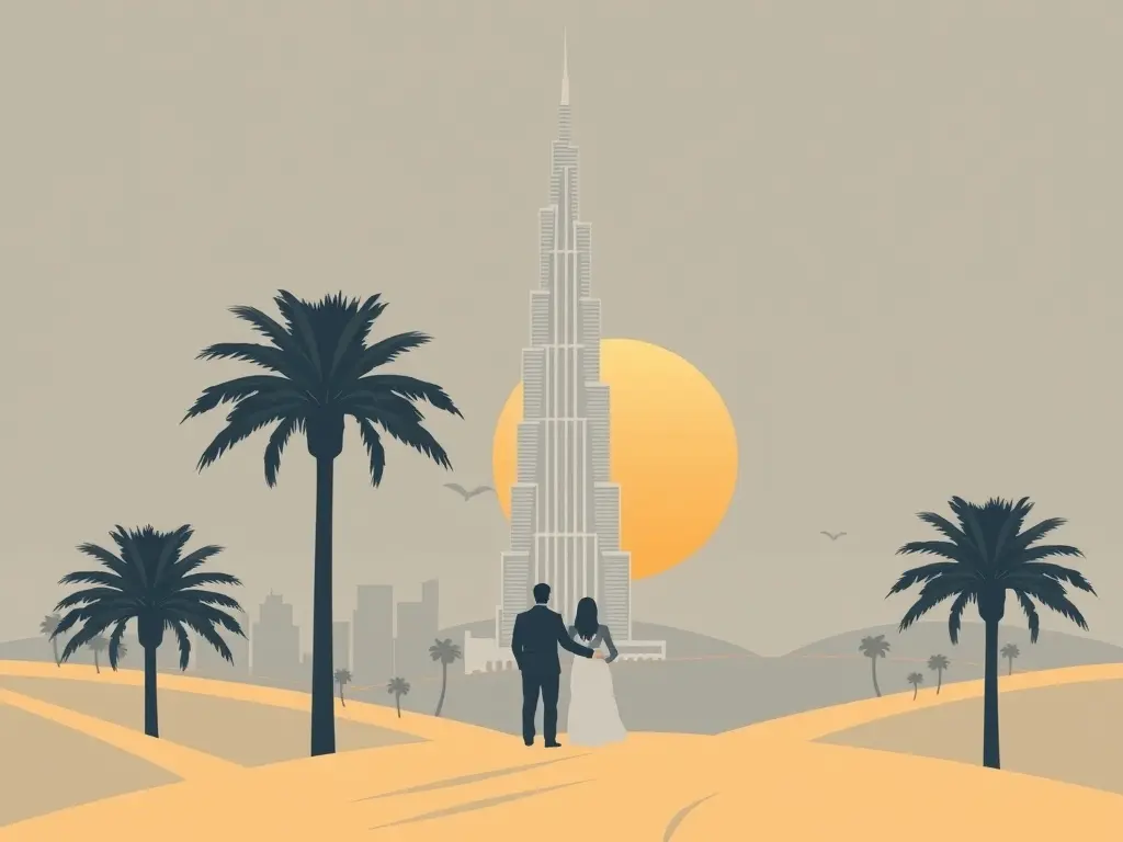 Een minimalistische illustratie van een stel dat geniet van een zonsondergang boven de Burj Khalifa in Dubai, omringd door palmbomen en zandduinen.